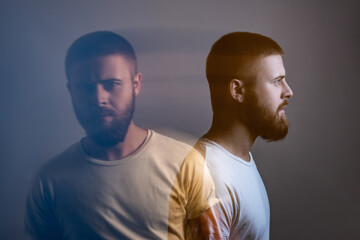 Double exposure crative side view profile and portrait of artistic bearded model man in white...