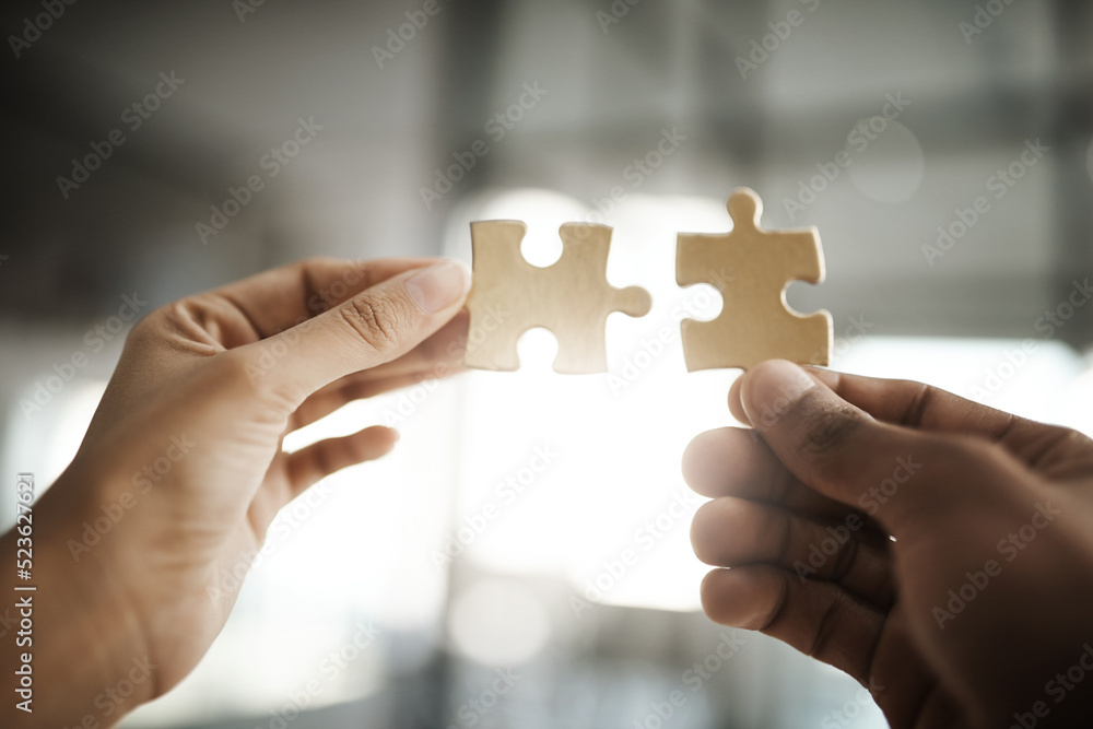 Poster teamwork, unity and growth with puzzle pieces in the hands of business people building, growing and 