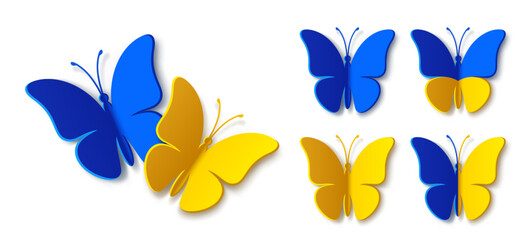 Blue yellow monarch butterfly silhouette with shadow. Modern vector 3d graphic illustration. Patriotic concept is perfect for Ukraine patriot sticker, icon, social media and decoration design