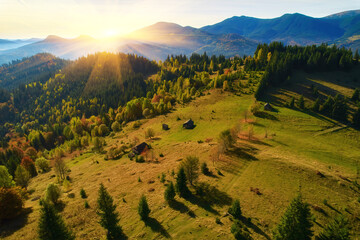 Obraz premium Aerial view of mountains at sunrise in autumn in Ukraine. Colorful landscape with mountain road, forest, houses on the hills, sunlight, sky in fall.