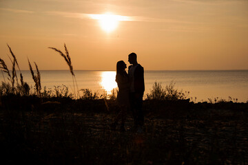 Fototapeta na wymiar ilhouette of a couple on the beach at sunset