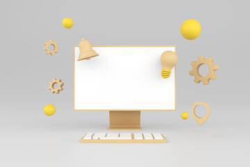 Computer blank screen and bell notification. 3d illustration