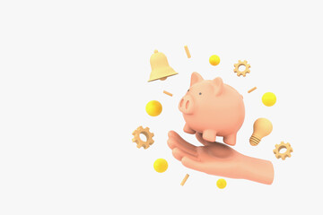 piggy bank on hand with bell notification on white background. 3d illustration.