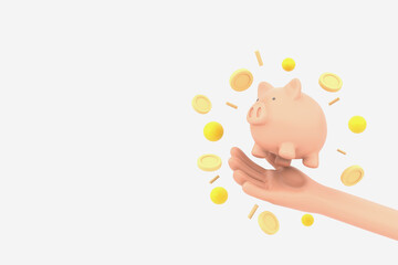piggy bank on hand with yellow coin on white background. 3d illustration.