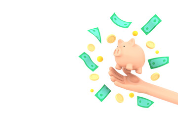 piggy bank on hand with yellow coin and bank note on white background. 3d illustration.