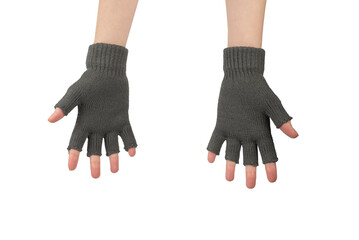 Woman hands in warm gloves isolated on white background.