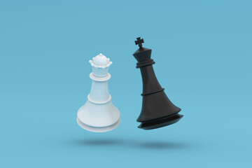 Chess king and queen on blue background. 3d illustration
