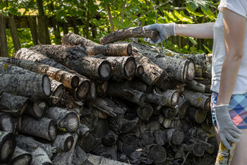 Fototapeta na wymiar a woman in gloves stacks firewood on a pallet