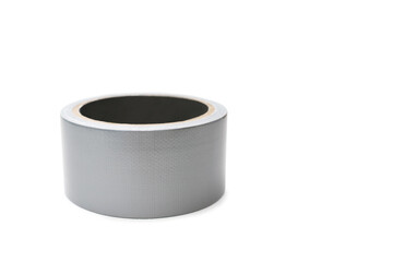 Roll of gray adhesive tape on a white background. Adhesive tape for repair work and cable communications. Adhesive tape for moisture protection or for assembly and packaging. Free space for text