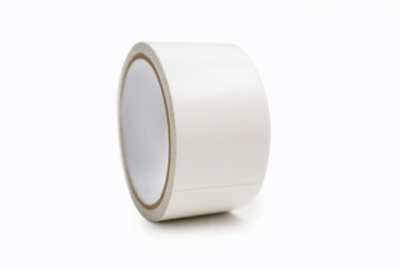 Roll of white adhesive tape on a white background. Duct tape for repair work or packaging and labeling of goods in the logistics sector. Beautiful white adhesive tape