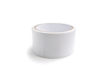Roll of white adhesive tape on a white background. Duct tape for repair work or packaging and labeling of goods in the field of logistics. Aesthetically beautiful white adhesive tape