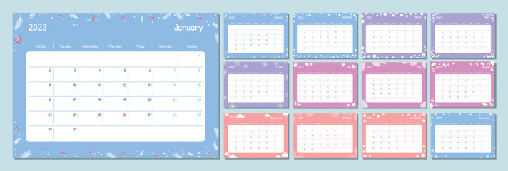 2023 calendar template. Kid planner diary. The week starts on Monday. Set of 12 months pages.