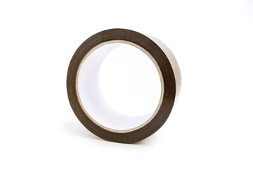 A roll of brown adhesive tape on a white background in the center of the image. A stationery item in the form of sticky tape for gluing paper or for a delivery service
