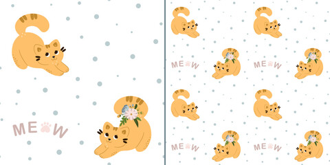Seamless pattern with cute cats in flowers on a white background. Children's texture in scandinavian style for fabric, textile, clothing, nursery decoration. Vector illustration