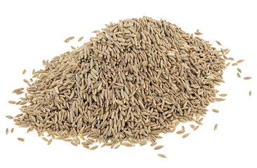 Pile of dried cumin seeds isolated on a white background. Zira grains.