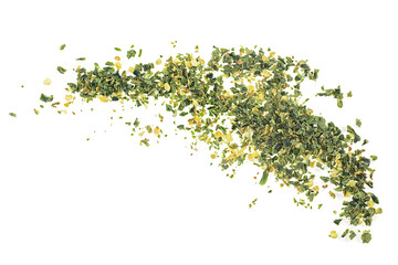 Dried green jalapeno pepper isolated on a white background, top view. Chopped jalapeno.