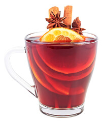 Hot red mulled wine isolated on a white background with christmas spices, orange slice, anise and...