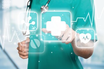 Medicine doctor hold icon health and electronic medical record on interface. Digital healthcare and network connection on virtual screen, medical technology and network concept.