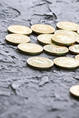Gold coins on a black background. Pile of gold coins.Copy space. Treasure Hunt.Vertical orientation