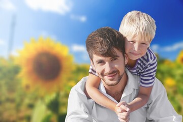 Concept of friendly family spend time together in nature. Walk in the summer outdoors.