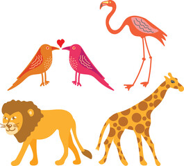 Kids Hand Drawn Cartoon Illustration of Love Birds, Flamingo, Giraffe and Lion. Birds and Wild Animals