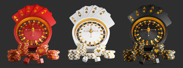 Casino mix slot machine roulette dice set card chips poker chips and playing cards. 3d rendered illustration.