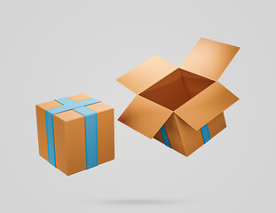 Cardboard open box icon. Delivery box 3d icon. Cargo box. 3d rendered illustration.