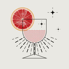 Cocktails Bar graphic linear geometric pattern stylized poster, emblem, badge design. Cocktail glass and citrus slice. Vector illustration.