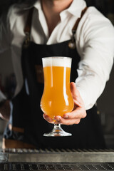 Beer. A professional bartender in a white shirt and black apron holds a glass of beer, the trend drinks concept. Vertical photo 