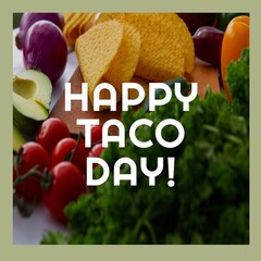 Fototapeta premium Composition of happy taco day text with tacos ingedients on table