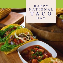 Fototapeta premium Composition of happy national taco day text with tacos and salsa on table