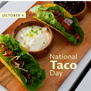 Composition of october 4 national taco day text with tacos on cutboard