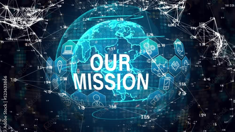 Poster animation of our mission text over globe and data processing