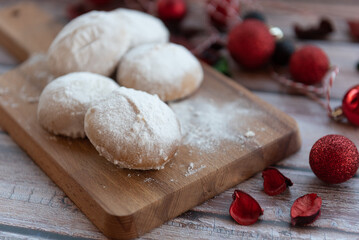 Almond snow balls or Christmas cookies  kourabiedes with almonds powered with white sugar