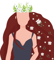 Vector illustrative image of a mentally healthy girl with flowers and branches of greenery in her head. International Mental Health Day. Mental health, self care.