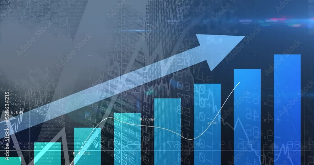 Poster animation of financial data processing with graph over cityscape