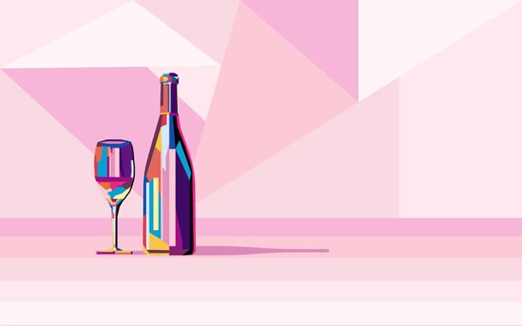 Vector illustration colorful bright bottle of wine and a glass of wine or alcoholic drink on a pink background.