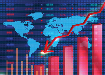 Global economic crisis.Stock market collapse with red arrow.Infographic red graph bar