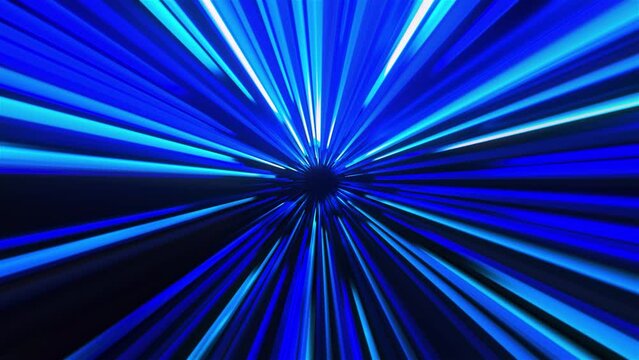 Abstract explosive cyberspace animation background. Motion. Blue spinning rays looking like tunnel.