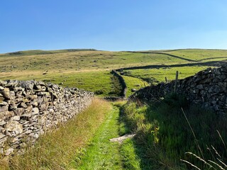 Grass covered cart track, leading down into the fields, in the Yorkshire Dales National Park near Giggleswick, UK