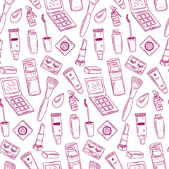 Make up doodle pattern with lipstick, cream, mascara, shades, brushes. Make up and cosmetic vector background. Beauty make up fashion doodle seamless pattern