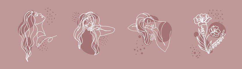 Women faces set in one line style vector illustration.