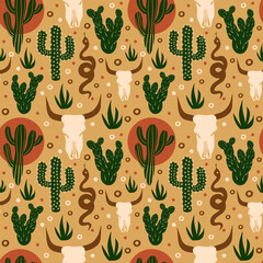Wild West seamless pattern. Cacti, skull in the desert. Vector illustration