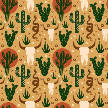 Wild West seamless pattern. Cacti, skull in the desert. Vector illustration