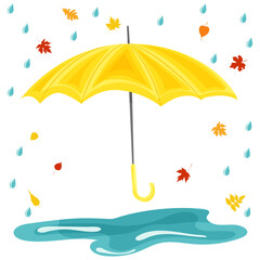 umbrella in the rain in flat style, isolated, vector