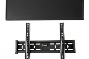 Black metal TV wall mount bracket and flat black monitor screen isolated on white background....