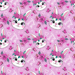 cute seamless pattern with kawaii bunny and flowers. Vector illustration