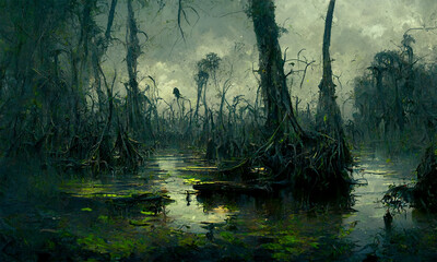 swamp dark atmospheric background, digital art - 523638097
