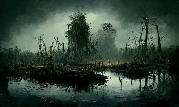 swamp dark atmospheric background, digital art