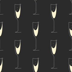 Glasses of champagne seamless pattern. Stylized elements on black background. Best for textile, wallpapers, wrapping paper, package and bar decoration.